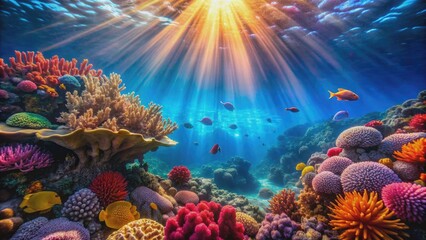 Obraz premium Vibrant coral reef illuminated by sunlight, underwater scene, coral, reef, underwater, colorful, sunlight, ocean