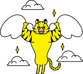 翼を手にして空を飛ぶトラさん