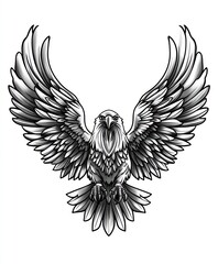 Obraz premium A black and white illustration of an eagle with its wings spread wide.
