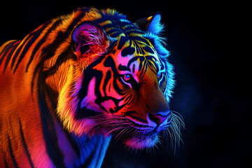 A vibrant, colorful close-up of a tiger's head against a dark background.