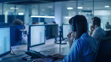 Night Shift: Focused Customer Support Agent Assisting Clients in Busy Call Center