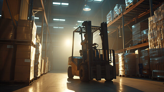 Yellow forklift truck lifts heavy cargo in a warehouse