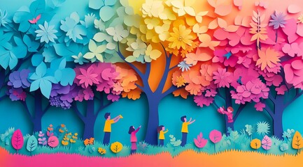 Vibrant Paper Cutout Art with Children and Colorful Forest