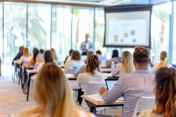 A modern corporate training session with young adults in a bright, glass-walled conference room