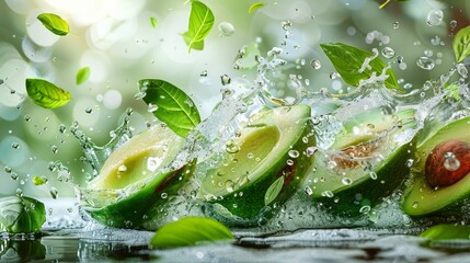 Sliced avocado with water splash and leaves flying around, isolated on a white background. 