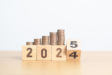 2024 end year to Happy New Year 2025 with Coins stack. Money, Budget, tax, investment, financial,...
