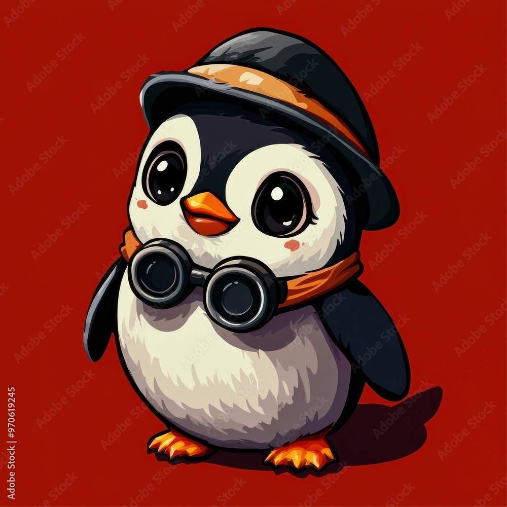 Sticker cute penguin wearing a hat and goggles