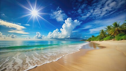 Sunny and beautiful beach scene, beach, ocean, waves, sand, vacation, sunny, sky, seashells, relaxation, tropical, paradise