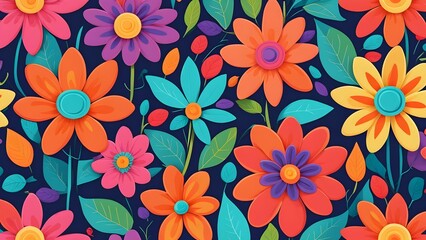 Seamless pattern with colorful flowers on dark blue background.