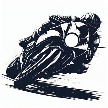 A dynamic black-and-white illustration of a motorcyclist leaning into a turn, showcasing speed and excitement in a striking and bold design.