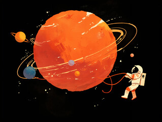 A whimsical illustration of an astronaut exploring space, tethered to a bright orange planet, surrounded by colorful celestial bodies, creating a fun scene.