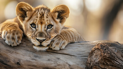Fototapeta premium A close-up image of an adorable lion cub resting on a tree log