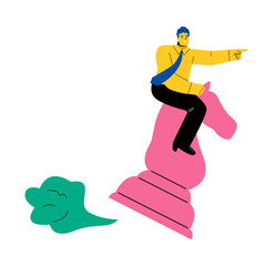 Business man riding a chess knight, strategy, strategic move in business concept. Flat vector illustration isolated on white background