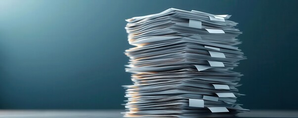 Render a tax document stack from an eye-level perspective, enhancing details in a 3D format with a focus on realism