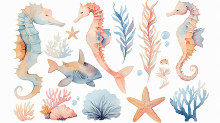 Fototapeta premium A beautifully illustrated collection of marine life, featuring seahorses, sharks, and coral, showcasing the vibrant colors and diversity of underwater beauty.