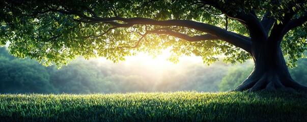 Paint a detailed watercolor composition of a serene low-angle view beneath a vast tree, where dappled sunlight subtly hints at the looming presence of a tax audit enveloping nature