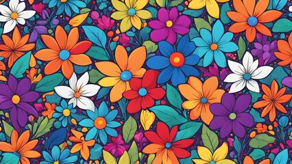 Colorful seamless pattern of flowers, leaves, and petals in various shades of orange, pink, purple, red, blue, and green.