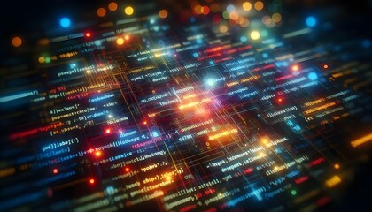 Close-up shot of colorful programming code on a dark screen with a tilt-shift lens effect, underlying a technology concept