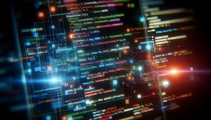 Obraz premium Close-up shot of colorful programming code on a dark screen with a tilt-shift lens effect, underlying a technology concept