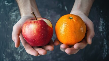 Red Apple and Orange comparison,&nbsp;Hands holding a red apple and an orange fruit
