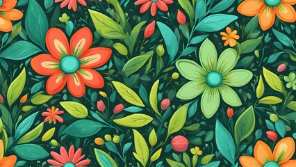 Seamless pattern with colorful flowers and green leaves on a dark background.