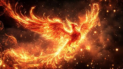 Naklejka premium A Fiery Phoenix Bird Soaring Through Smoke and Sparks
