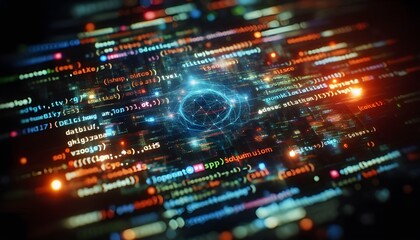 Fototapeta premium Close-up shot of colorful programming code on a dark screen with a tilt-shift lens effect, underlying a technology concept