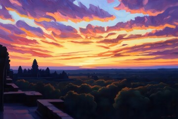 Fototapeta premium Craft a high-angle depiction of Angkor Wat during a vibrant sunset