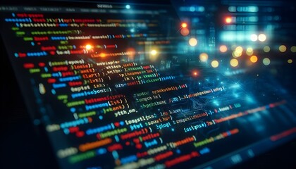 Fototapeta premium Close-up shot of colorful programming code on a dark screen with a tilt-shift lens effect, underlying a technology concept