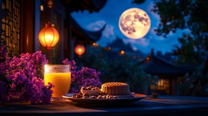 Traditional Mooncake Chinese pastry served with orange juice for Mid Autumn day festival.