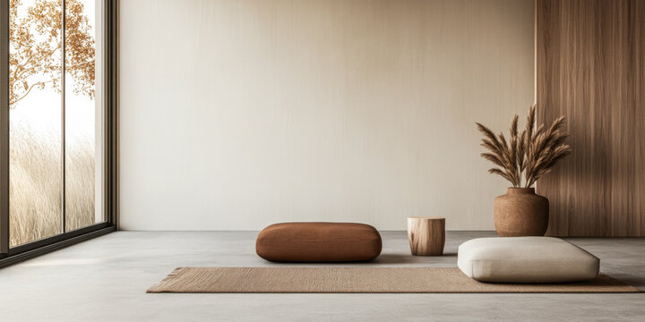 Calm meditation room with minimal relaxing decor, no furniture and a large window filling the space with natural lighting