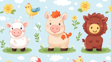 Naklejka premium Cute Farm Animals Seamless Pattern with Chickens Pigs and Cows