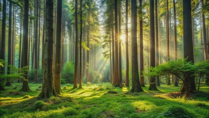 Obraz premium Tranquil forest scene with tall trees and lush greenery, forest, trees, nature, woodland, environment, outdoors, peaceful, serene