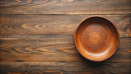 Empty clay dish on old wooden table, top view, flat lay , rustic, vintage, kitchenware, pottery, handmade, empty