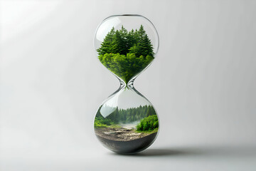 An hourglass filled with green trees, symbolizing the passage of time and the importance of preserving nature.