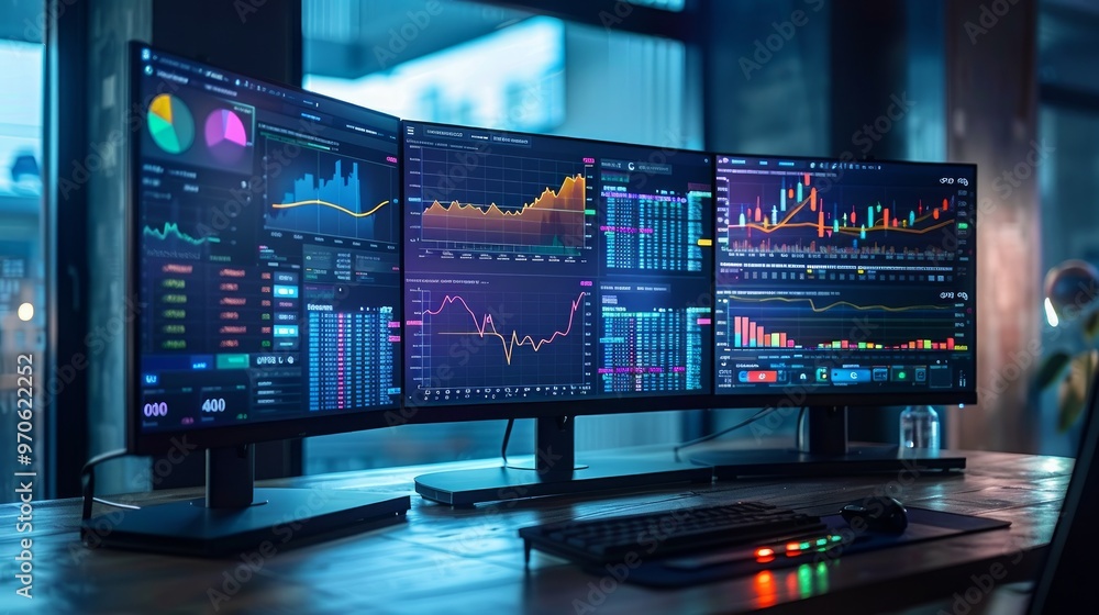 Poster desktop computer monitor with finance statistical data software and progressive user interface stand