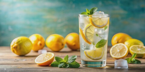 Fototapeta premium Refreshing lemon soda with ice cubes and lemon slices , refreshing, drink, lemon, soda, carbonated, beverage, fizzy, citrus