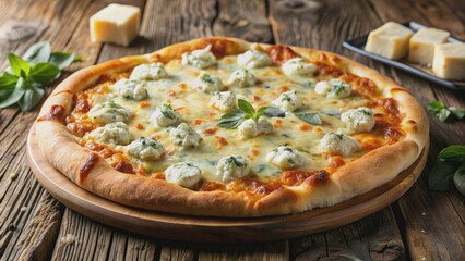 Delicious 4 cheese pizza topped with mozzarella, cheddar, parmesan, and gorgonzola, pizza, cheese, four, mozzarella, cheddar