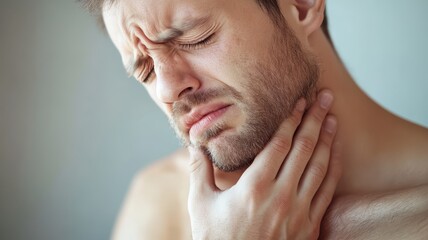 Obraz premium A man experiencing throat discomfort, showing signs of pain and unease. Capturing the emotion in a natural setting.