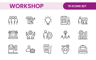 Set of Workshop and Coaching line icons. Outline icon collection related to training, coaching, mentoring, education, meetings, conferences, and teamwork.