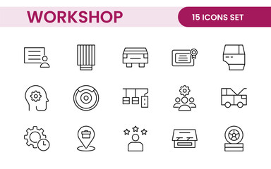 Set of Workshop and Coaching line icons. Outline icon collection related to training, coaching, mentoring, education, meetings, conferences, and teamwork.