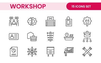 Set of Workshop and Coaching line icons. Outline icon collection related to training, coaching, mentoring, education, meetings, conferences, and teamwork.