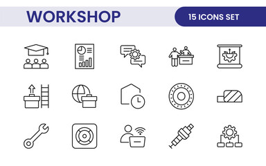 Set of Workshop and Coaching line icons. Outline icon collection related to training, coaching, mentoring, education, meetings, conferences, and teamwork.