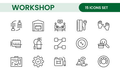 Set of Workshop and Coaching line icons. Outline icon collection related to training, coaching, mentoring, education, meetings, conferences, and teamwork.