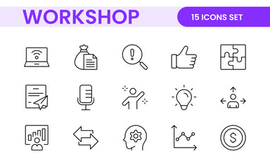 Set of Workshop and Coaching line icons. Outline icon collection related to training, coaching, mentoring, education, meetings, conferences, and teamwork.