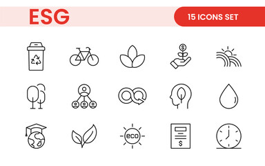 ESG flat line icon set. Outline icon collection related to ecology, environment social governance, risk management, sustainable developmen and more.
