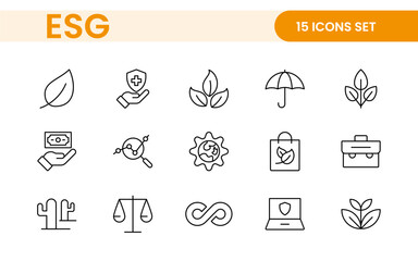 ESG flat line icon set. Outline icon collection related to ecology, environment social governance, risk management, sustainable developmen and more.
