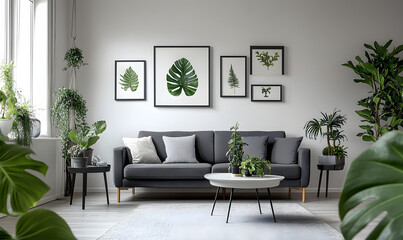 Fototapeta premium Scandinavian living room home interior design. Grey sofa, table, plants decoration. Posters template with copy space.