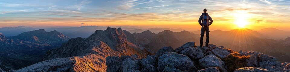 Fototapeta premium Hiker conquering mountain at sunrise casting long shadows