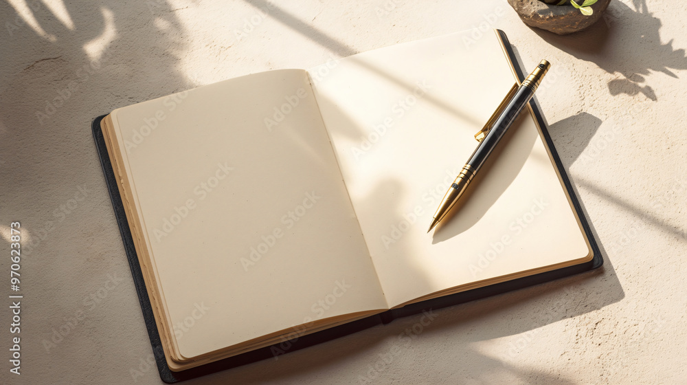 Poster an open notebook resting on a textured surface with a pen placed beside it, inviting ideas and creat